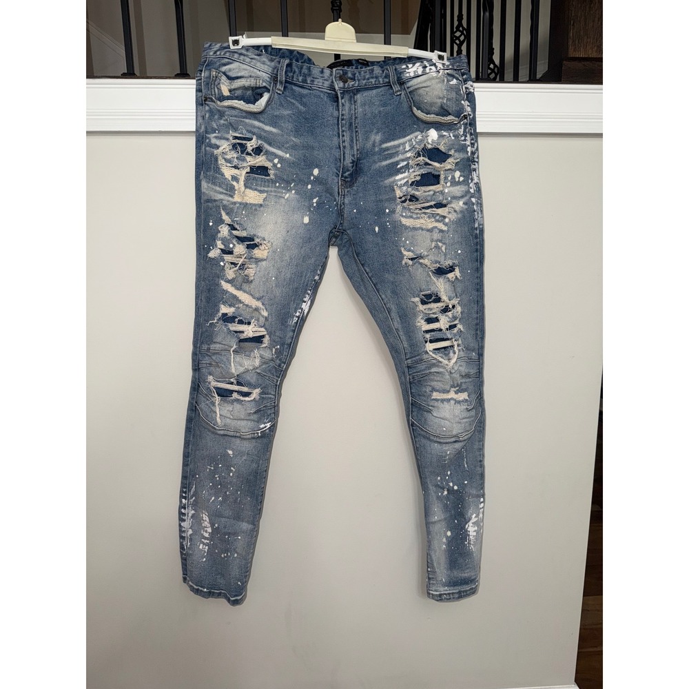 Decibel Mens‎ Distressed Paint Splatter Rip and Repair Slim Blue Jeans 42x32
